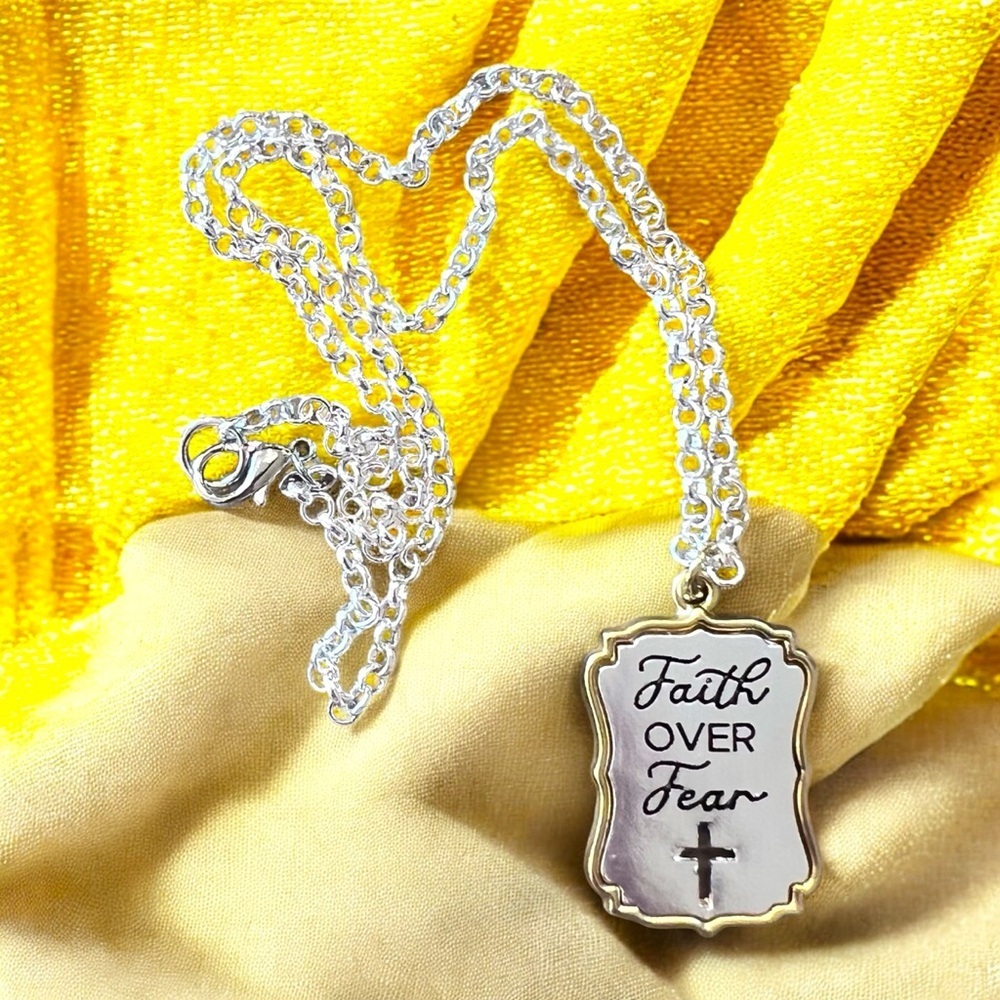 Silver and Gold Toned Pendant Necklace with Cross Detail “Faith Over Fear”